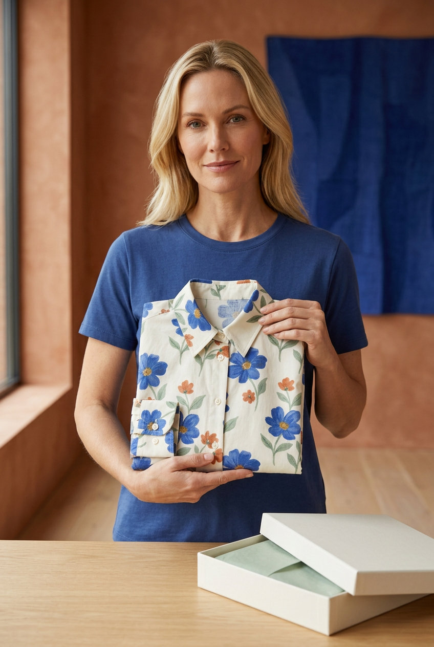 American-style model holding folded floral blouse