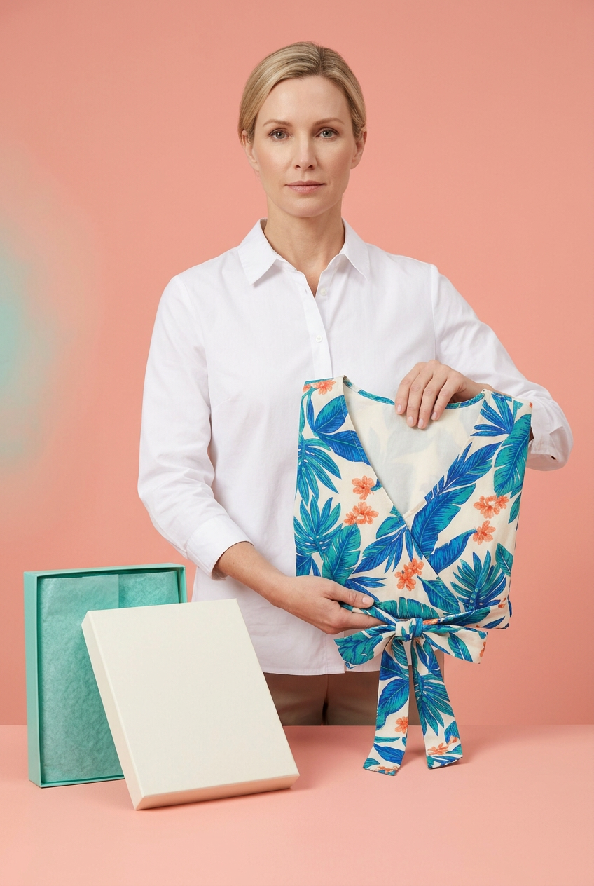 American-style model holding folded botanical dress
