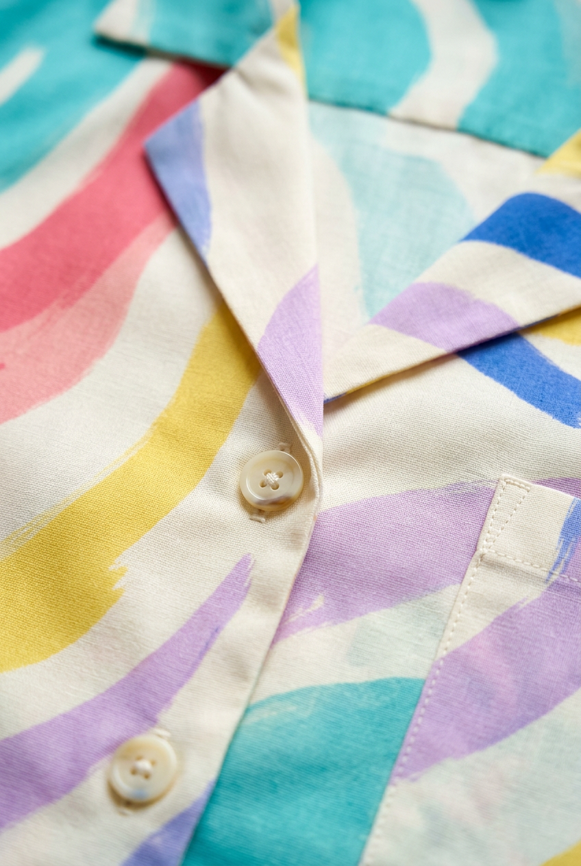 Notched camp collar and ivory button close-up