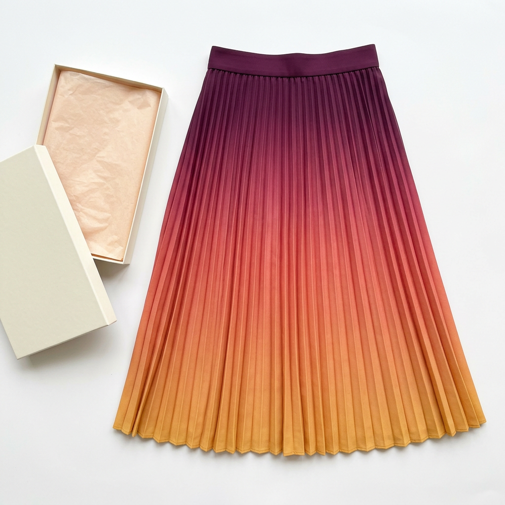 Ombre pleated skirt and unbranded box on white background