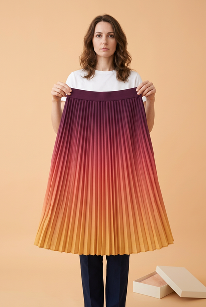 European-style model holding full skirt by waistband