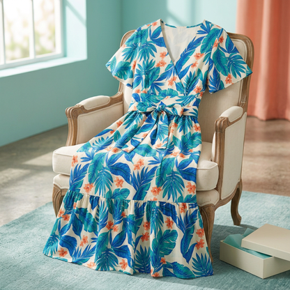 Botanical dress styled over ivory chair with unbranded box