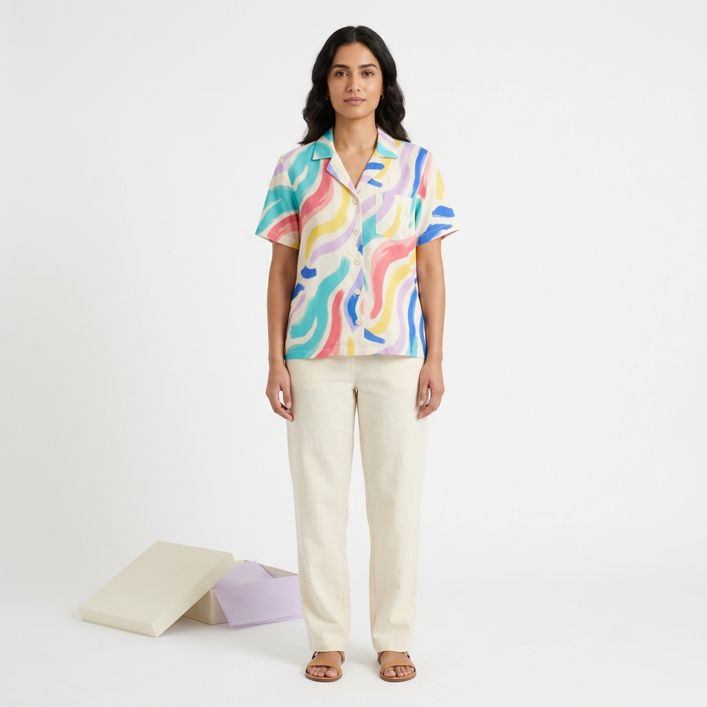 Model wearing abstract wave shirt with cream trousers