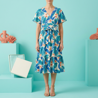 Model wearing botanical V-neck flutter sleeve midi dress