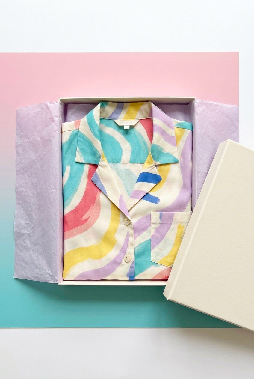 Abstract print shirt in blank ivory box with lilac tissue