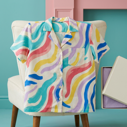 Abstract print short sleeve shirt styled on ivory chair
