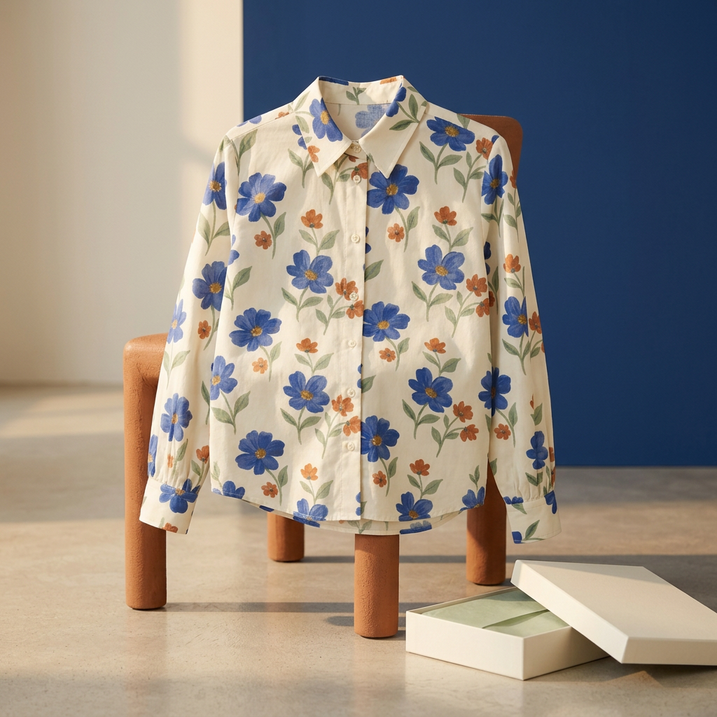 Floral blouse styled on terracotta chair