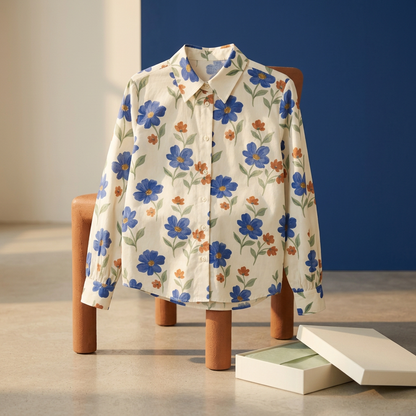 Floral blouse styled on terracotta chair