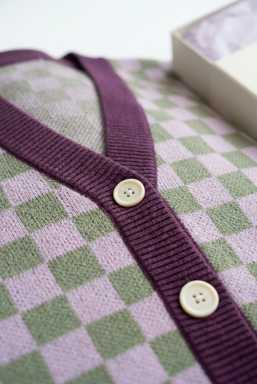 Plum ribbed V neckline and ivory button close-up
