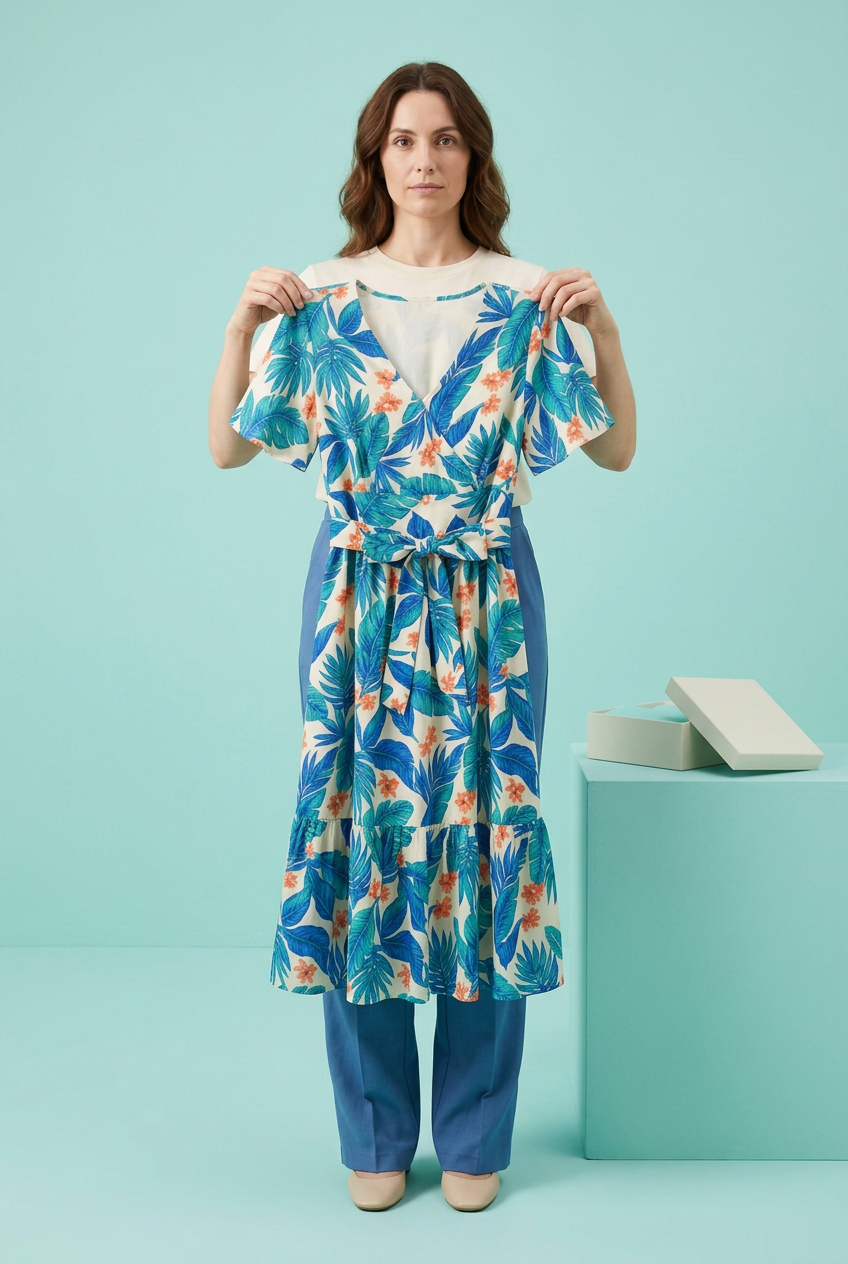European-style model holding full botanical dress by shoulders