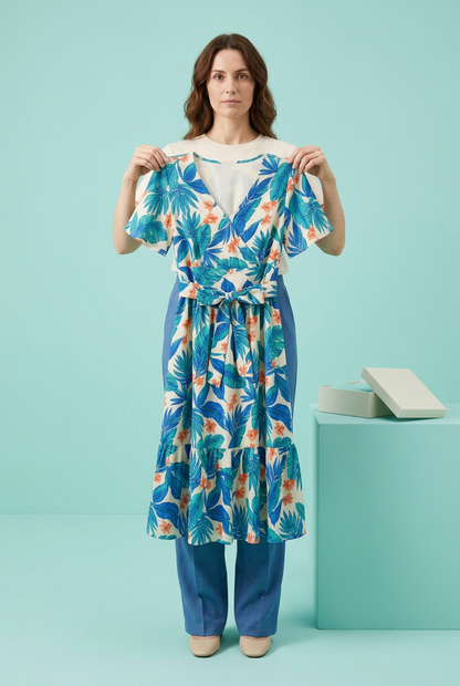 European-style model holding full botanical dress by shoulders