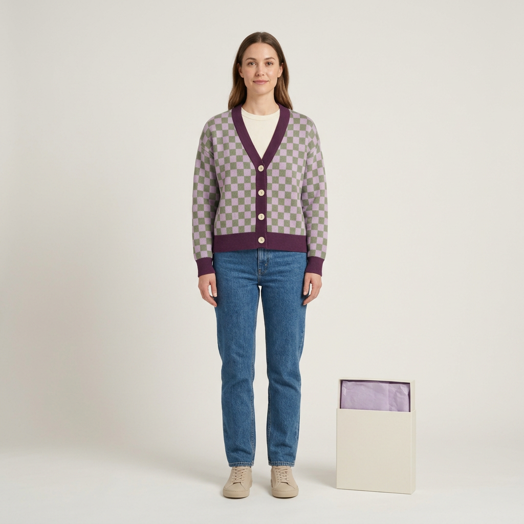 Model wearing checker cardigan with ivory tee and jeans