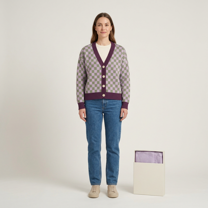 Model wearing checker cardigan with ivory tee and jeans