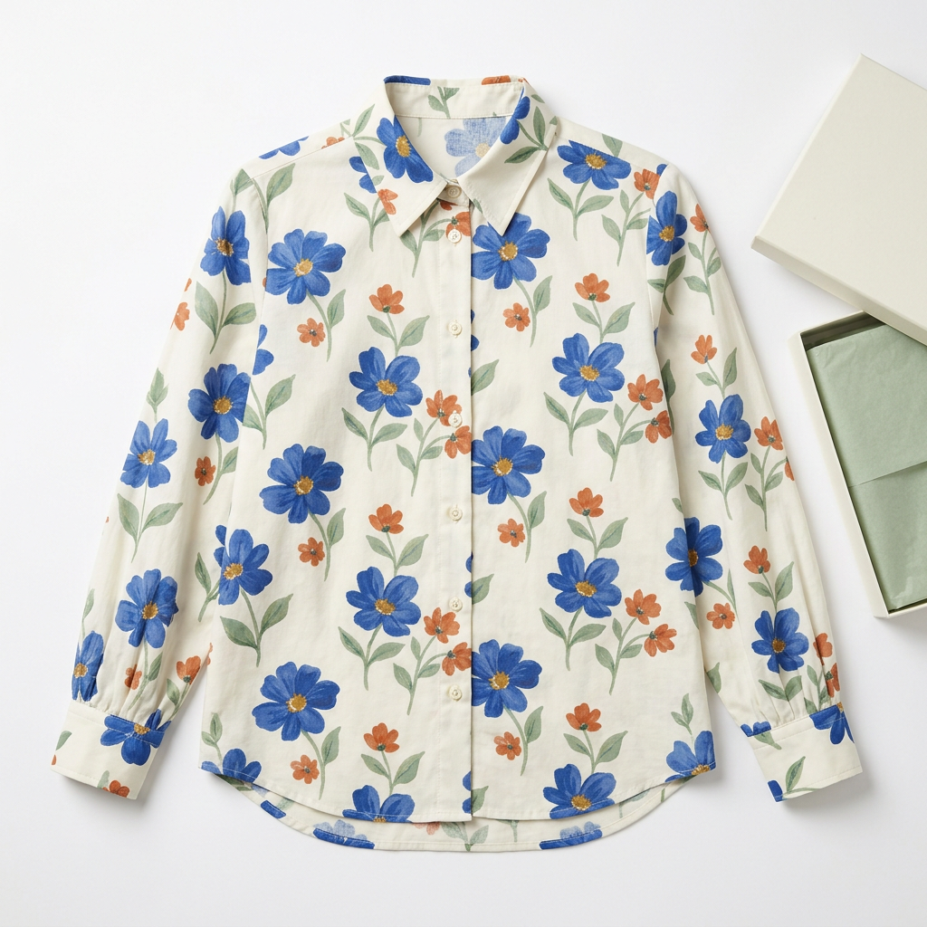 Floral blouse flat lay on white with unbranded packaging