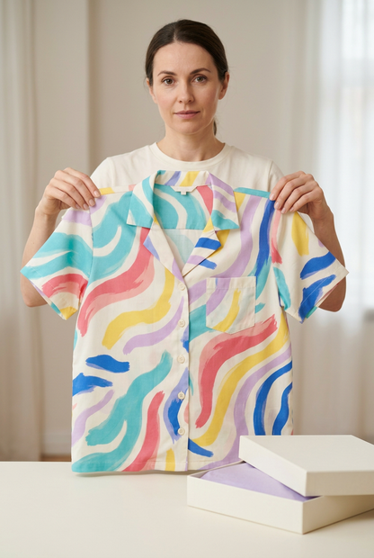 European-style model holding full abstract print shirt