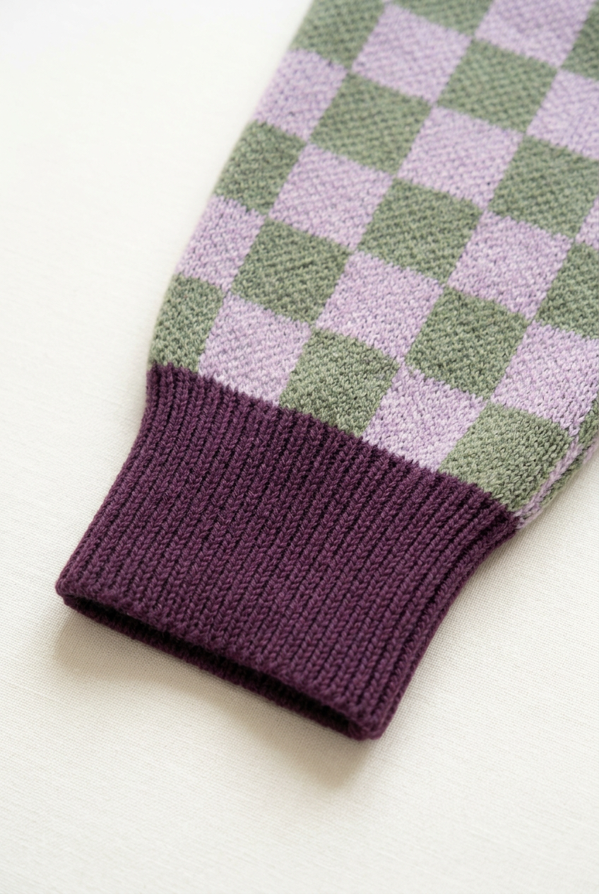 Lilac sage checker sleeve and plum ribbed cuff