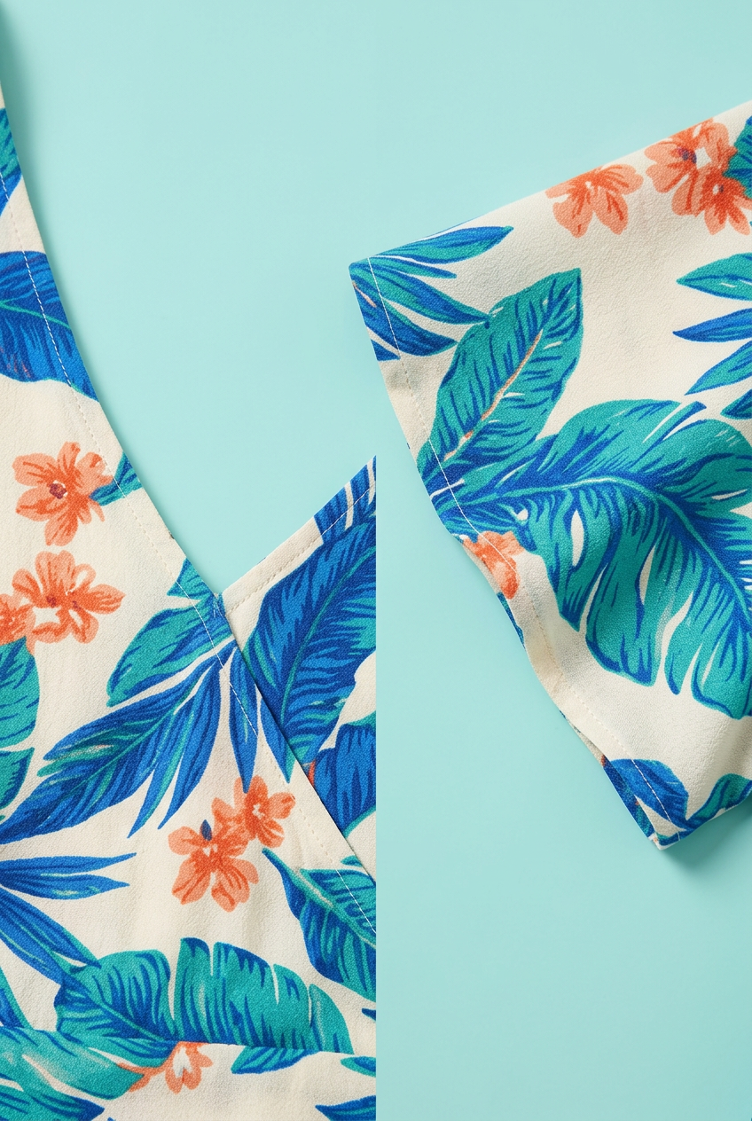 V neckline and flutter sleeve botanical print detail