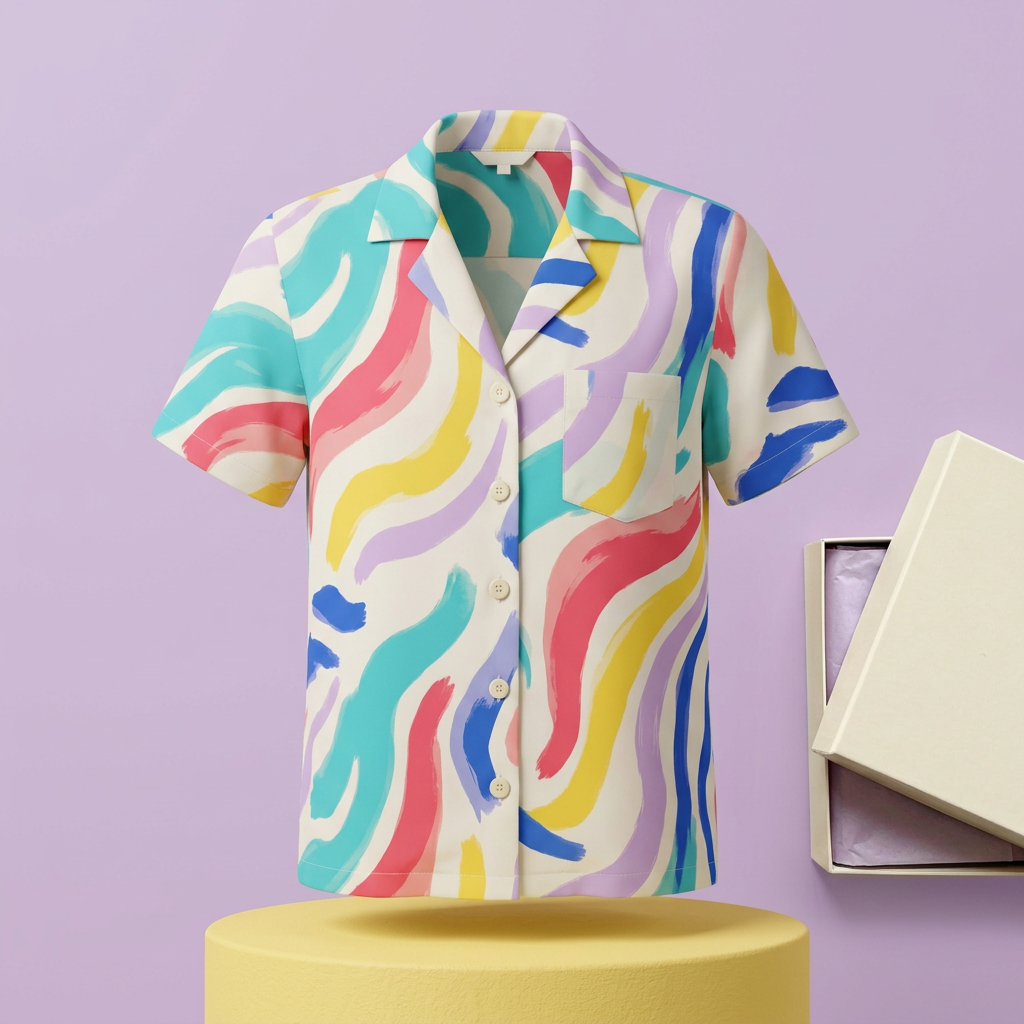 Abstract multicolor wave camp-collar shirt front studio view