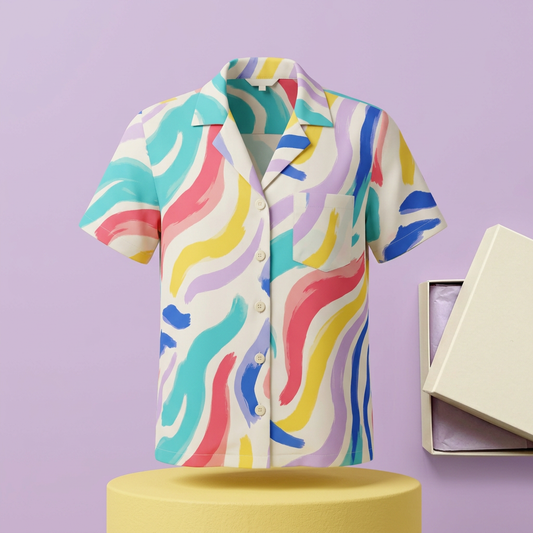 Abstract multicolor wave camp-collar shirt front studio view