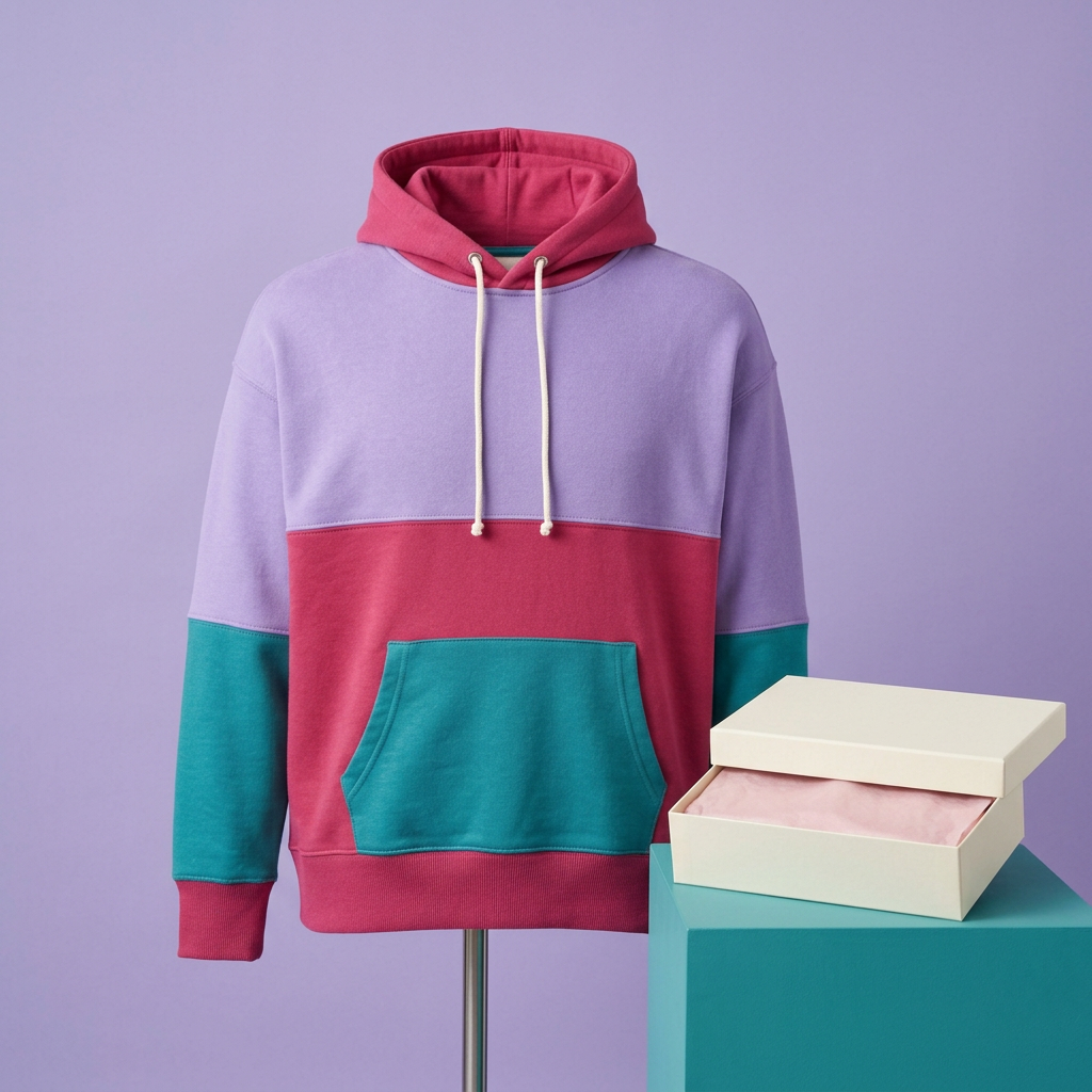 Raspberry lavender teal colorblock hoodie front studio view
