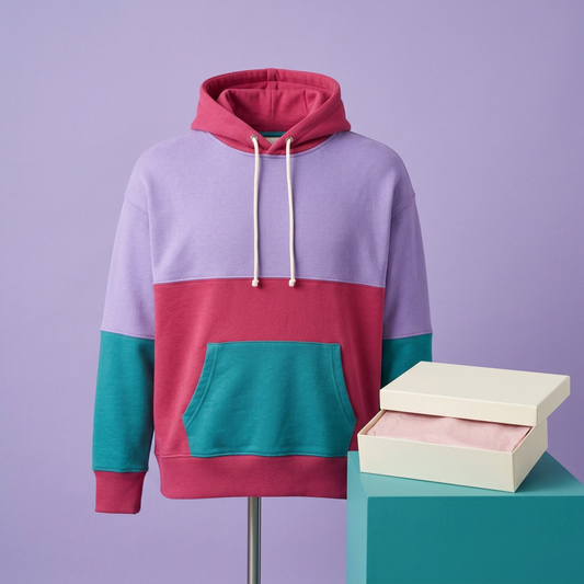 Raspberry lavender teal colorblock hoodie front studio view