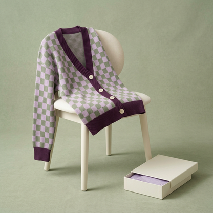 Checkerboard cardigan styled on ivory chair