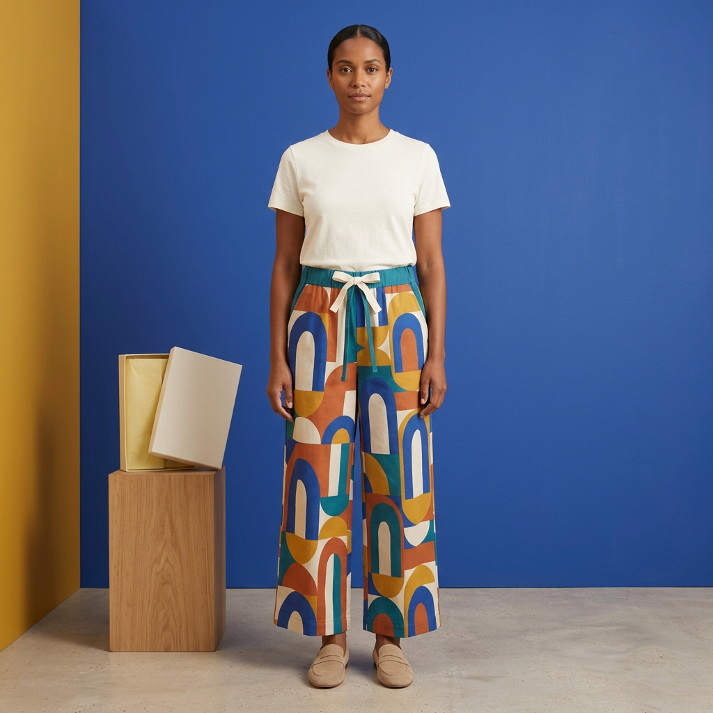 Model wearing geometric wide-leg trousers with plain ivory top