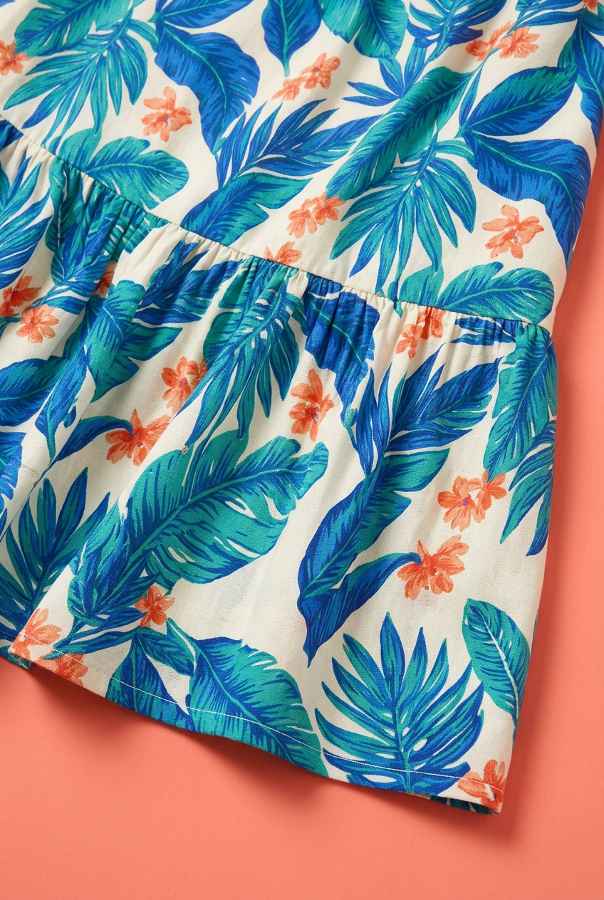 Gathered lower skirt tier and printed hem detail