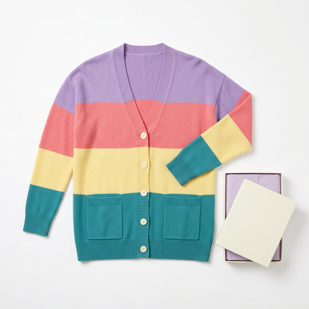 Front flat lay of colorblock cardigan and blank ivory box on white background