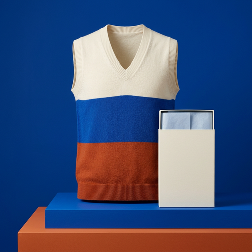 Ivory cobalt terracotta V-neck sweater vest front view