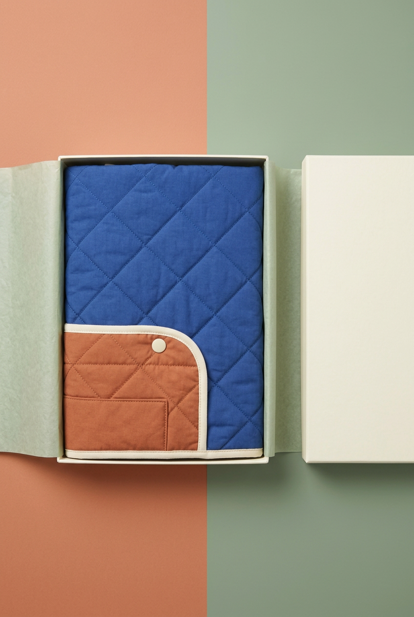 Quilted vest in unbranded ivory box with sage tissue