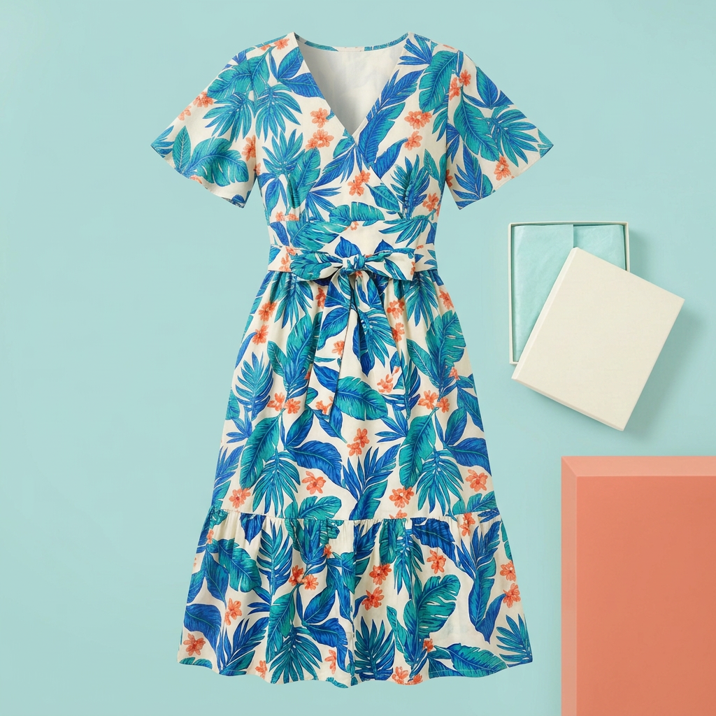 Botanical midi dress front view with teal cobalt leaves and coral flowers
