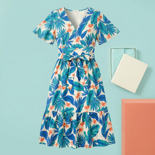 Botanical midi dress front view with teal cobalt leaves and coral flowers