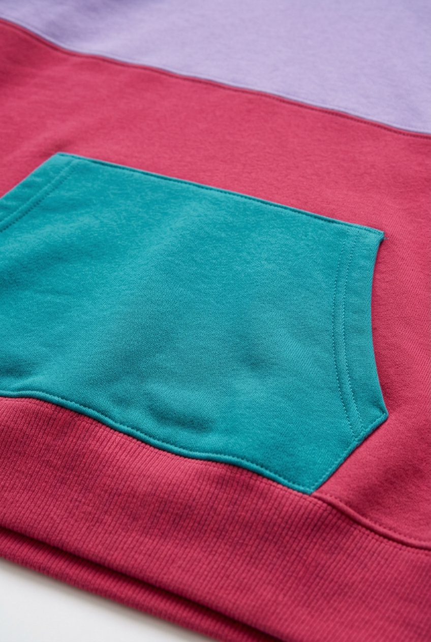 Teal kangaroo pocket against raspberry hoodie body
