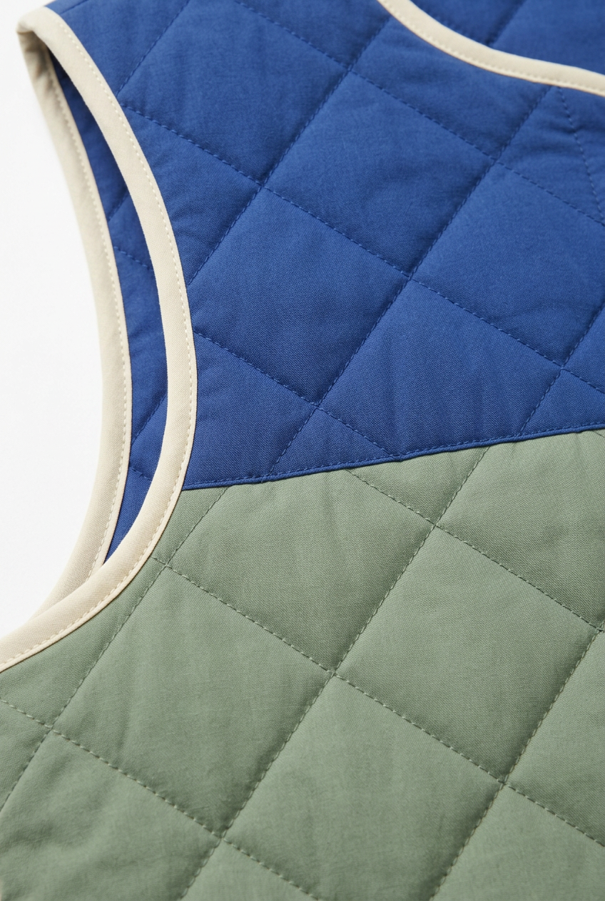 Sage diamond quilting and cobalt panel join