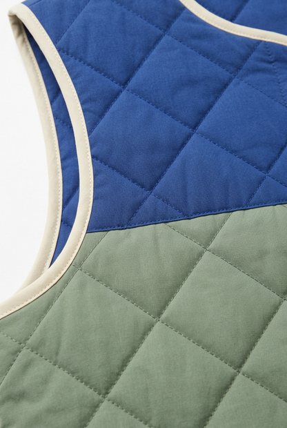 Sage diamond quilting and cobalt panel join