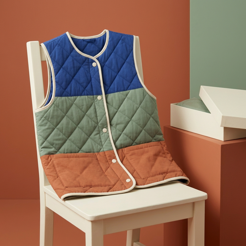 Colorblock quilted vest styled over ivory chair