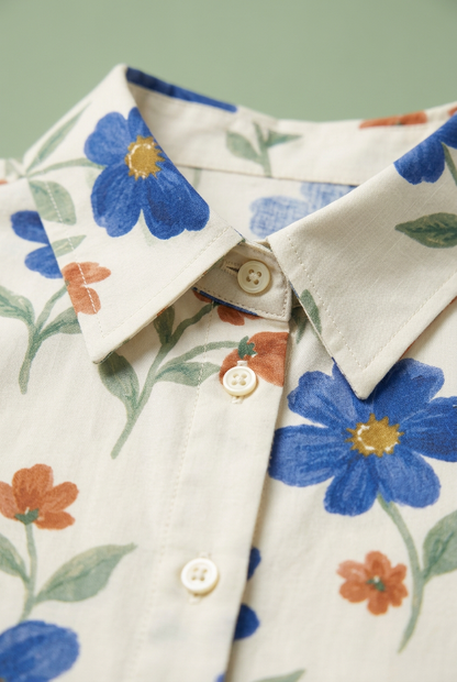 Pointed collar and ivory button close-up