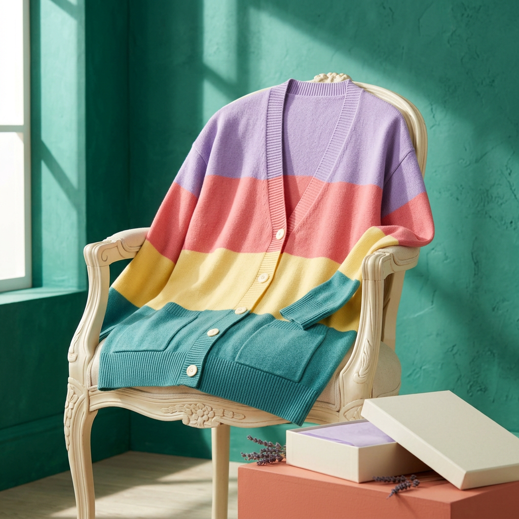 Colorblock cardigan styled on an ivory chair with unbranded packaging
