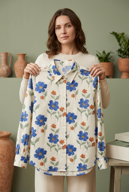European-style model holding blouse by shoulders