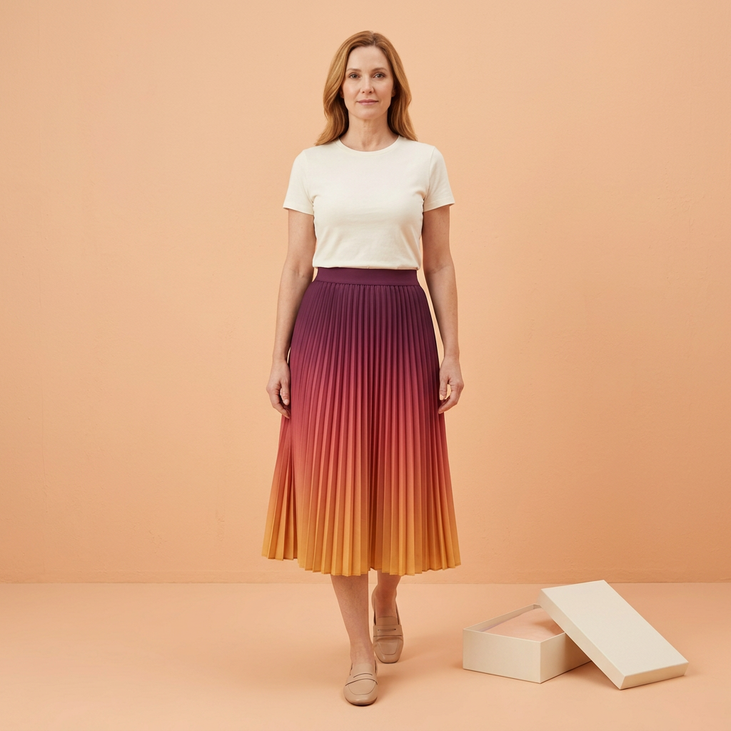 Model wearing sunset gradient midi skirt with ivory tee