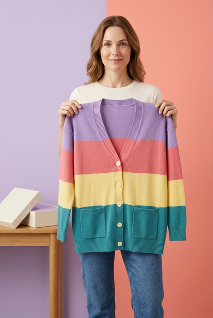 European-style model holding the colorblock cardigan open for display