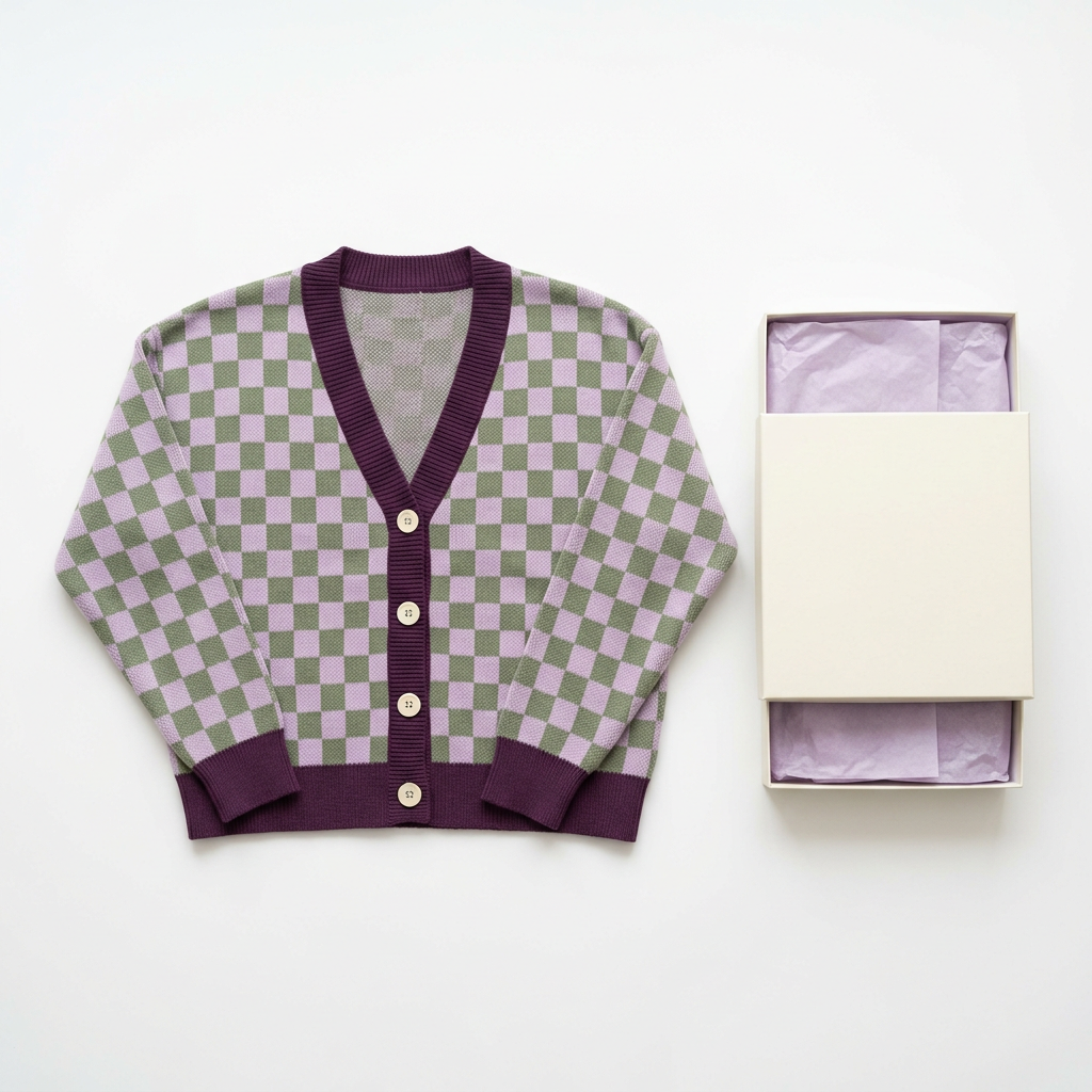 Checkerboard cardigan and unbranded packaging on white