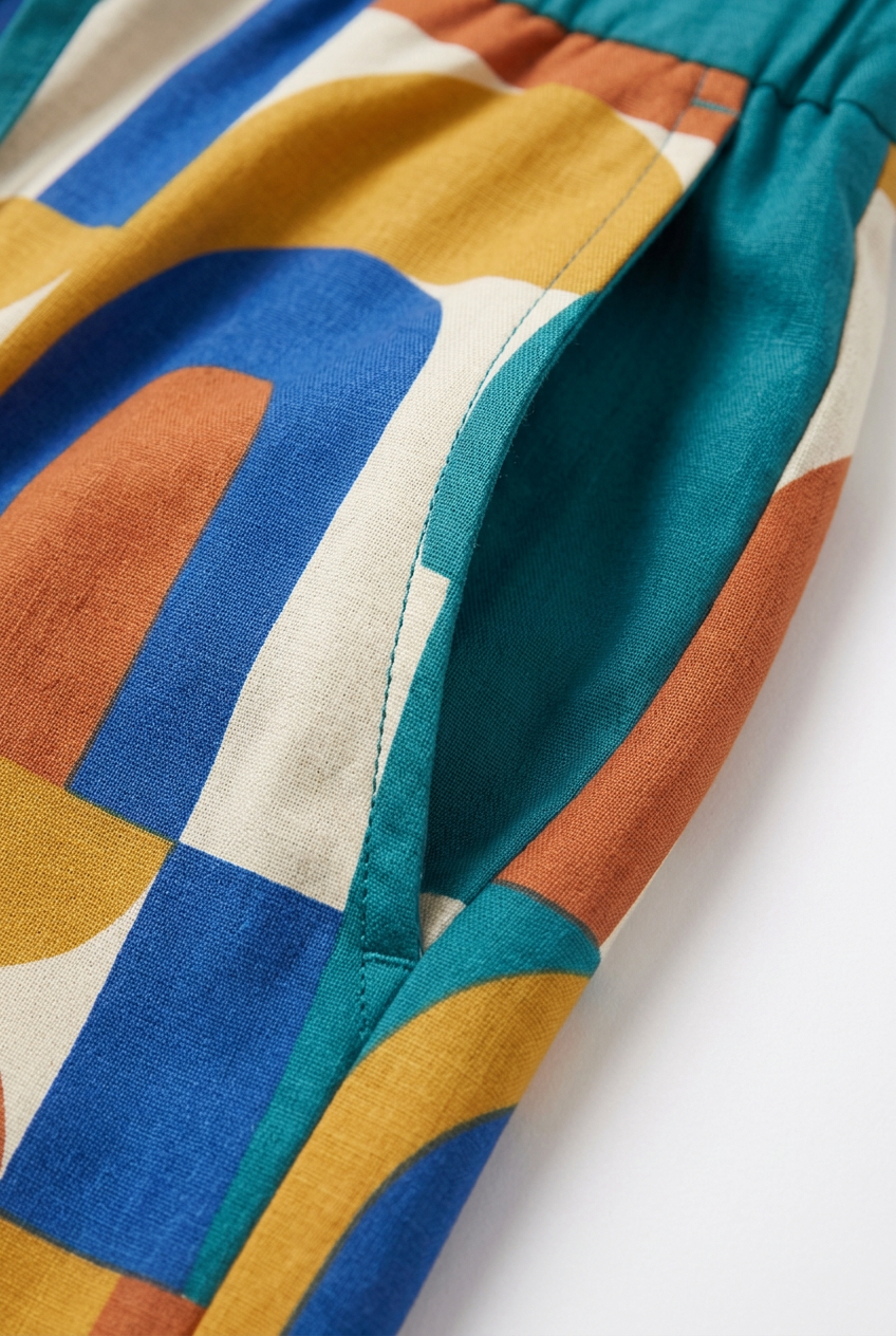 Slanted side pocket and geometric print close-up