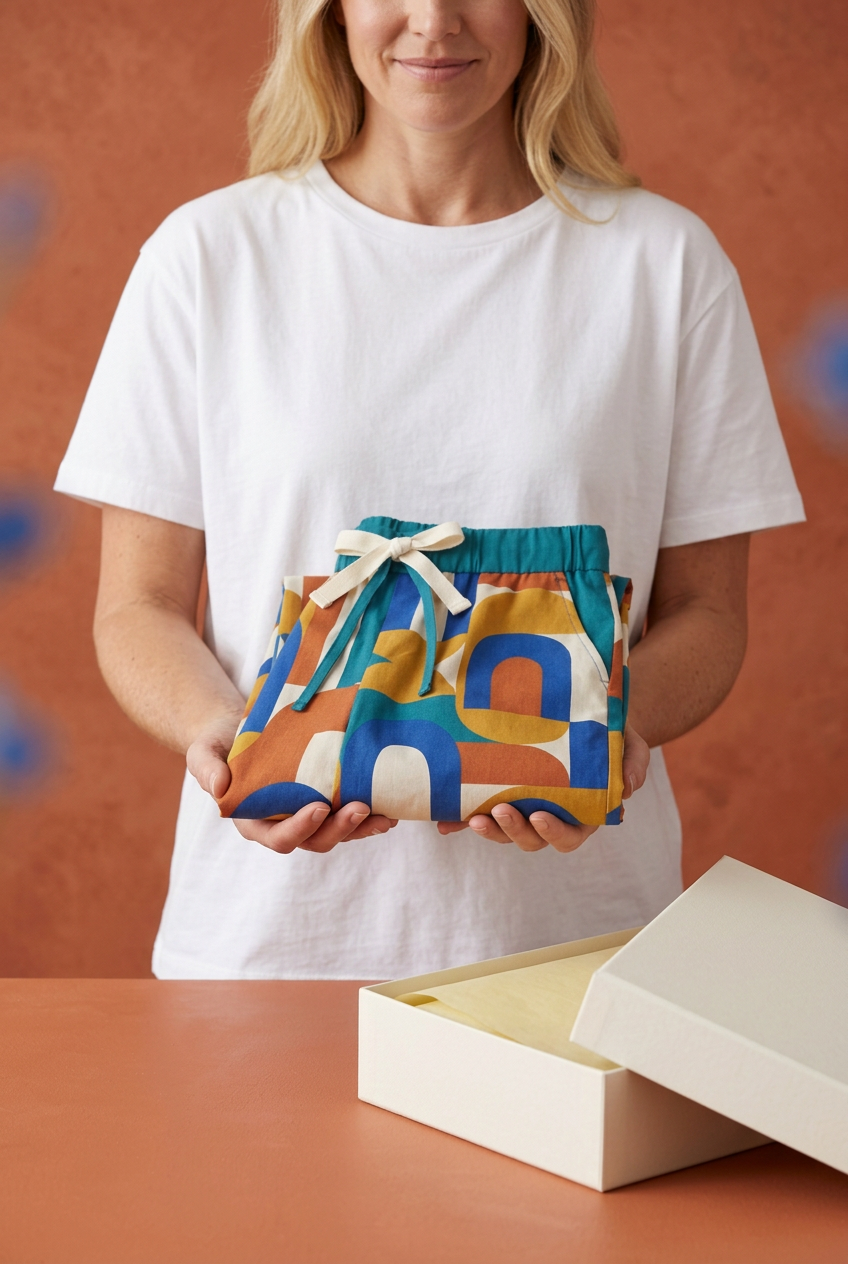 American-style model holding folded geometric trousers