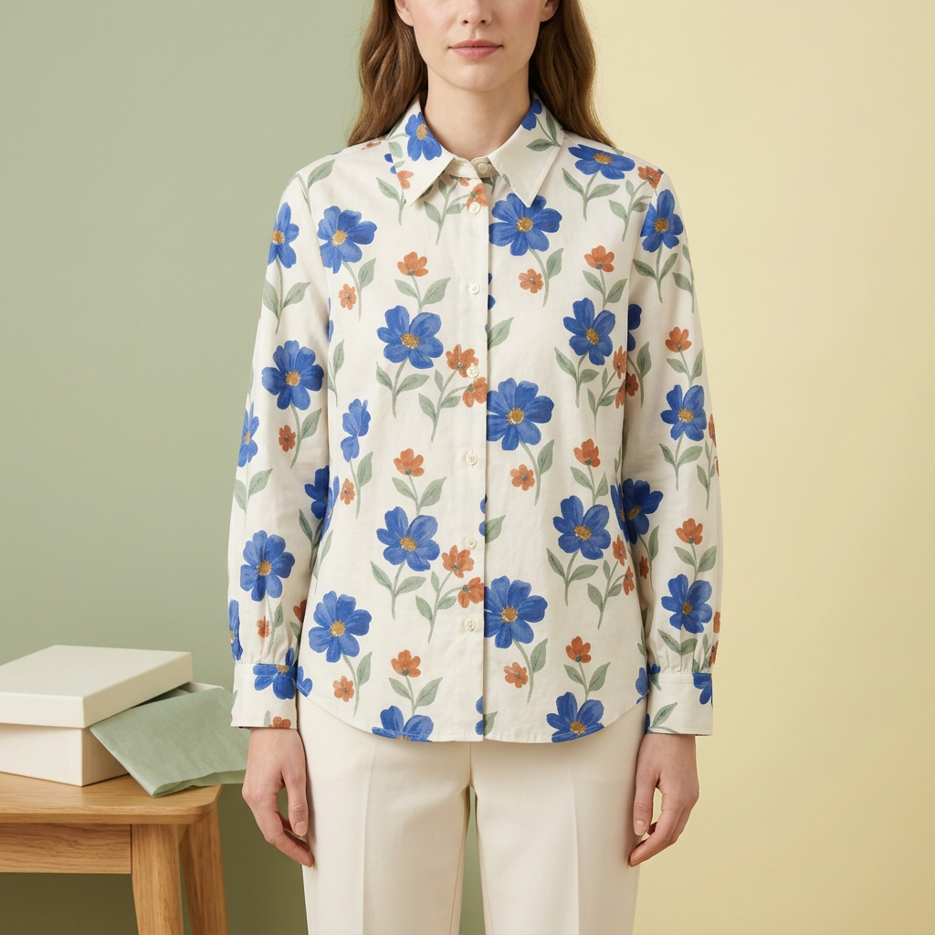 Model wearing botanical blouse with cream trousers