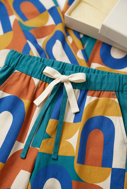Teal gathered waistband ivory bow and teal tie detail