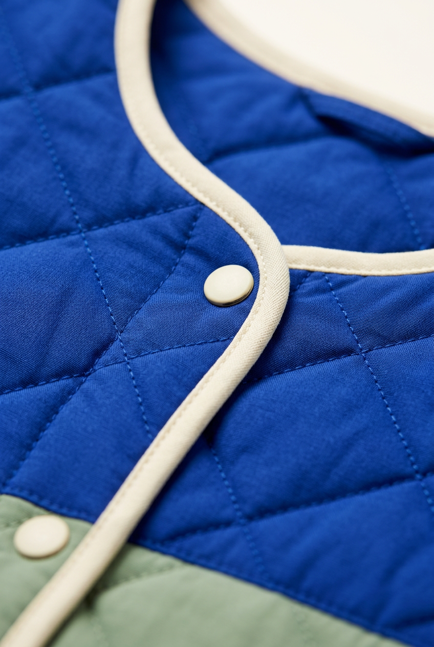 Round neckline ivory binding and snap detail