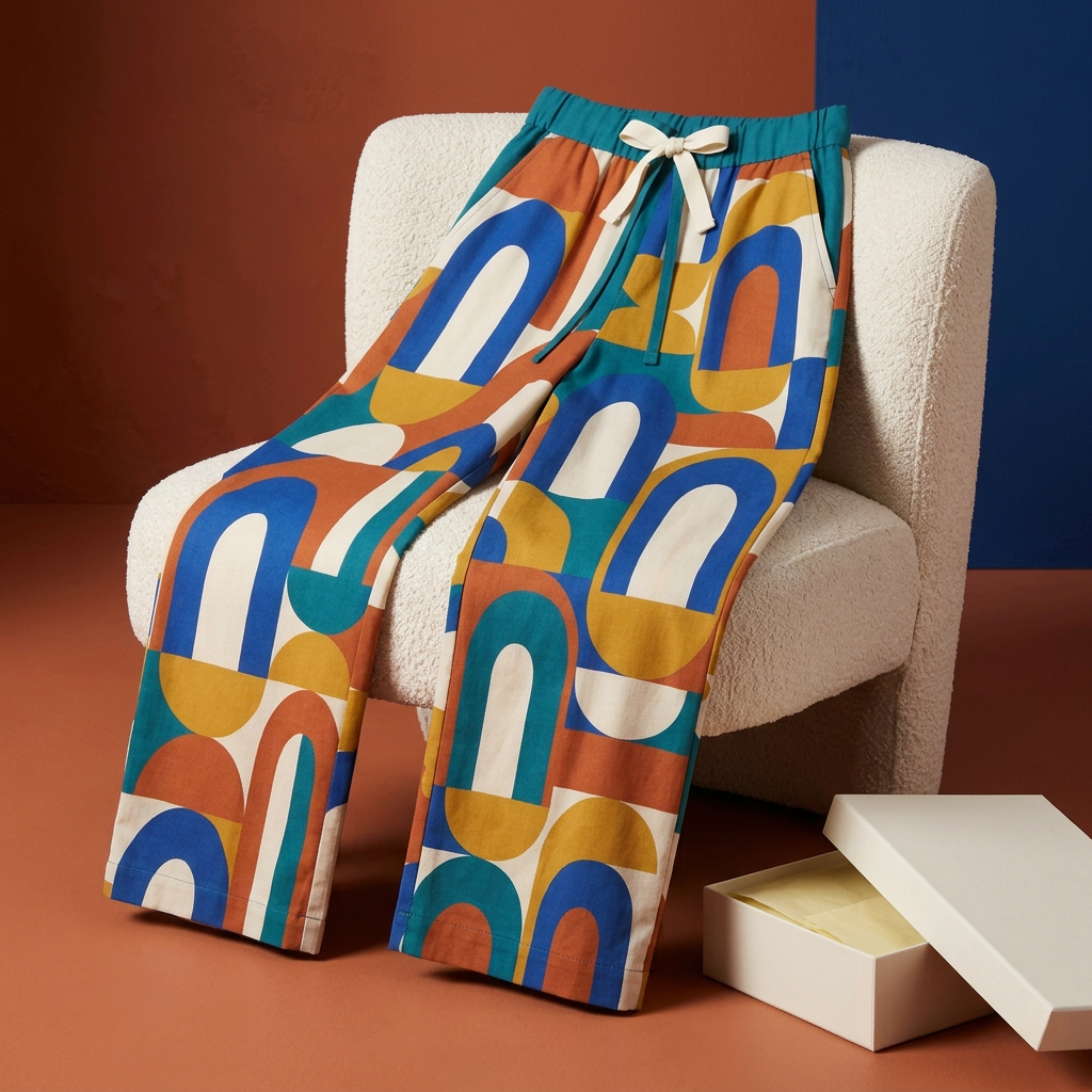 Geometric trousers styled over ivory chair