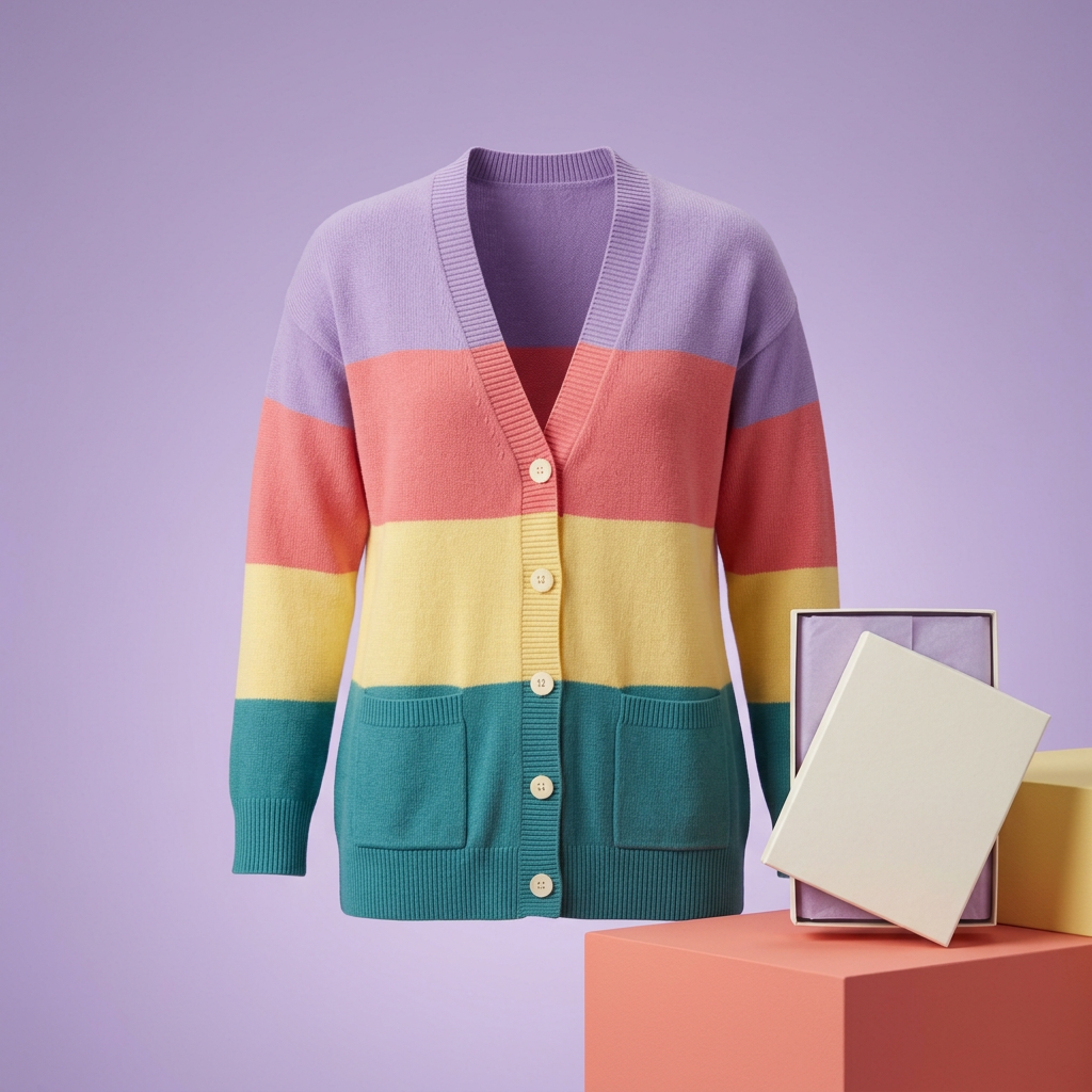Colorblock cardigan front hero on lavender studio background